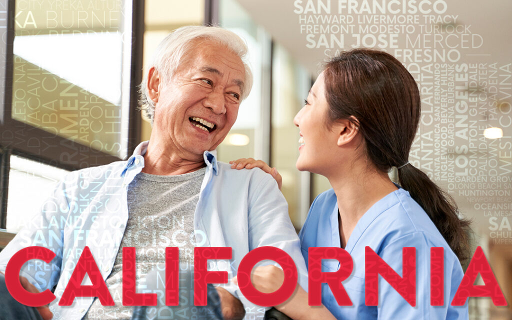 Smiling elderly man sitting with a cheerful nurse in California, with city names like San Francisco, Los Angeles, and Sacramento in the background.